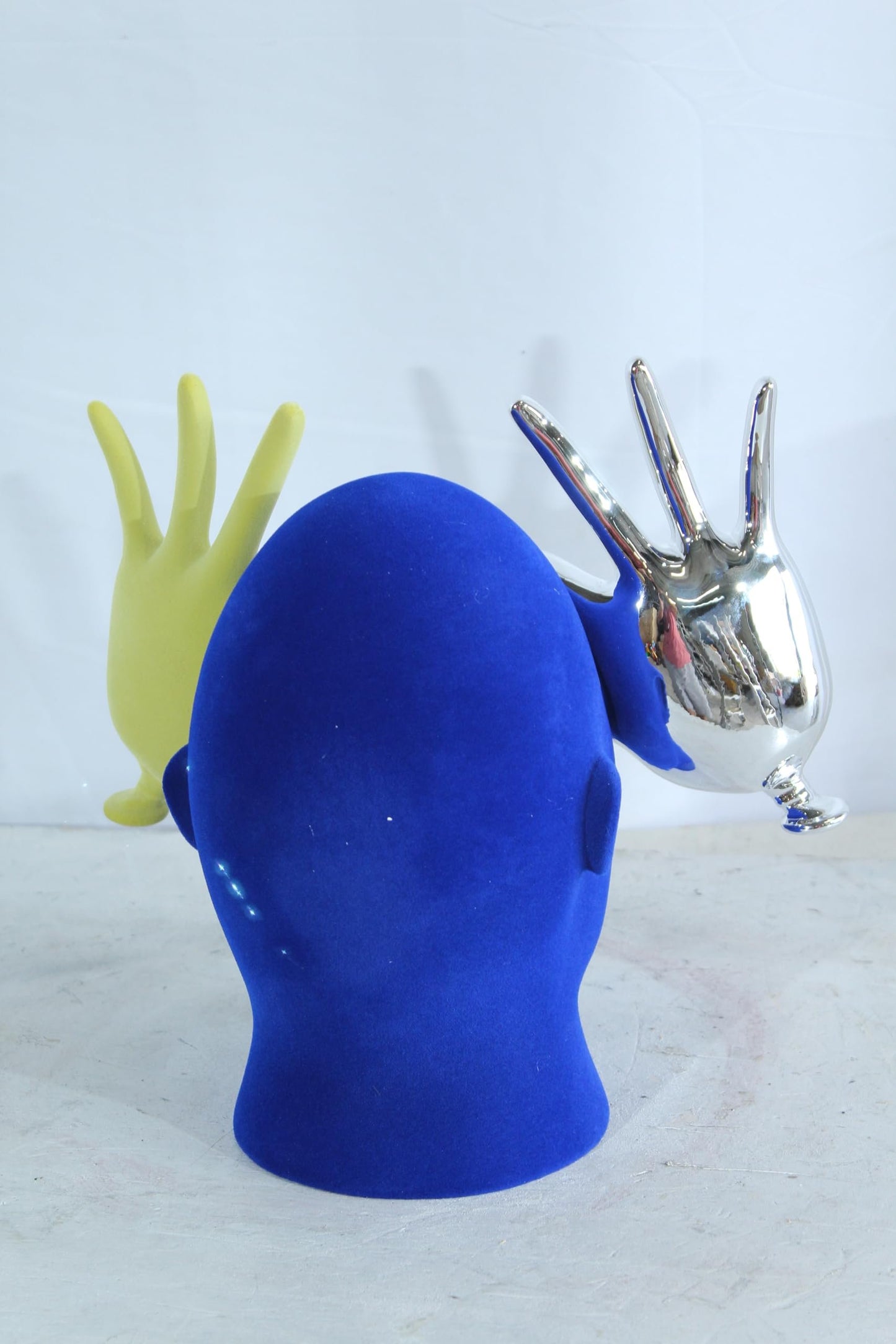 NIFAO Resin Blue Velvet Head Statue with Yellow and Silver Hand Design 12" x 8" x 12"H