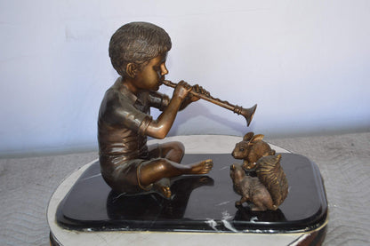 Boy With Rabbit And Squirrel Bronze Statue -  Size: 22"L x 13"W x 16"H.