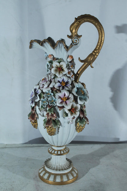 Porcelain Floral Ewer vase Ornate Handle 10"x7"x22"H