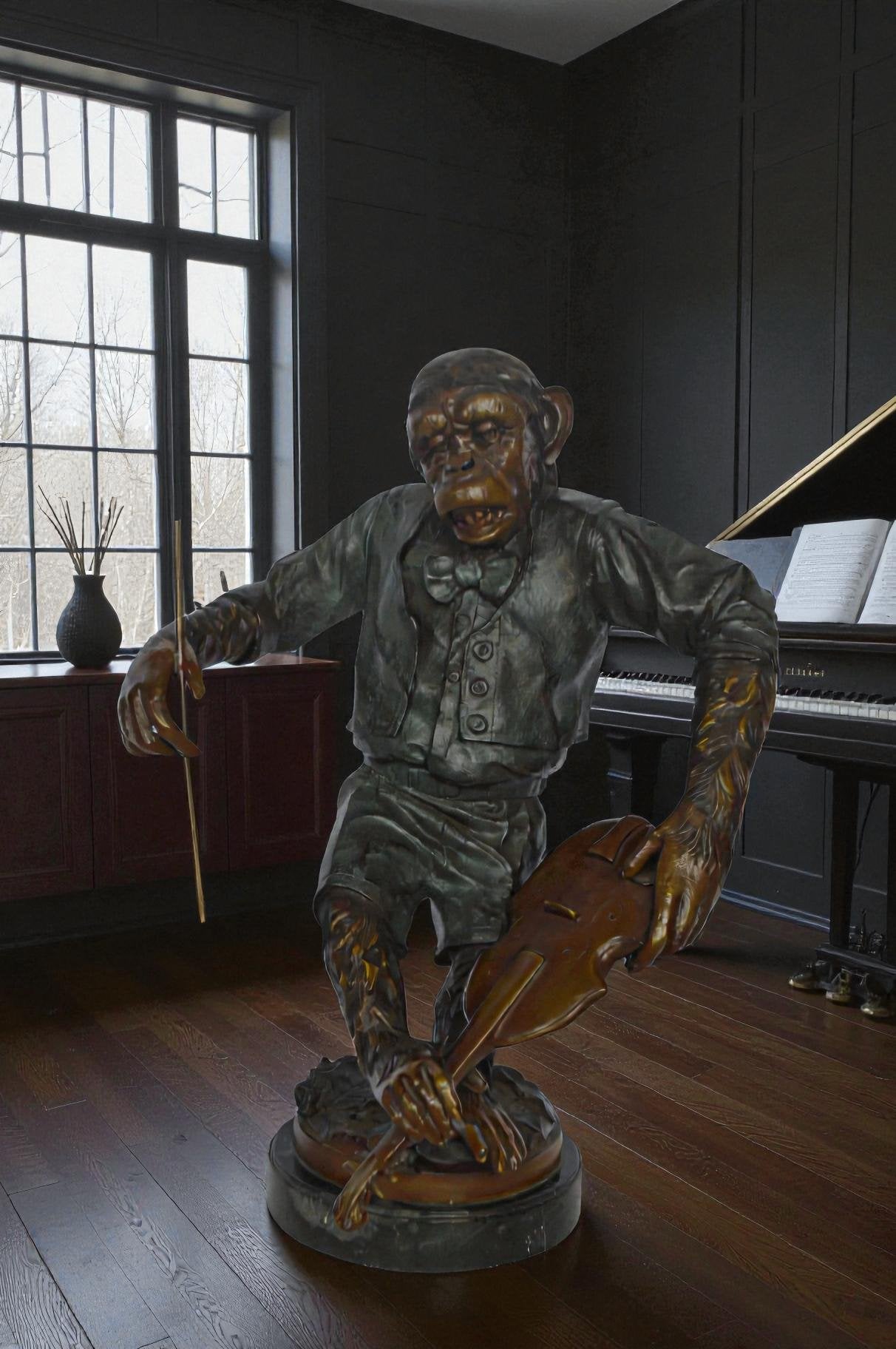 Monkey with Violin bronze statue - Size: 20"L x 17"W x 26"H