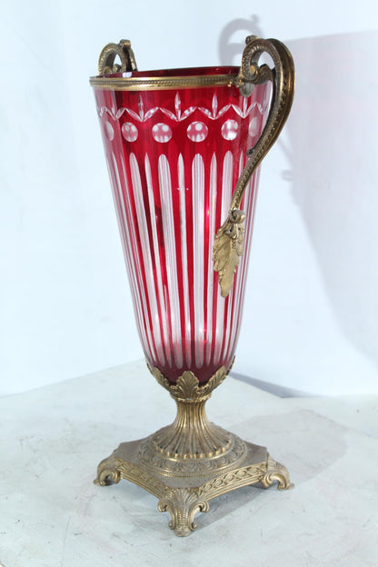 Glass vase with Metal Handles and Base red Vertical Style 13"x8"x21"H