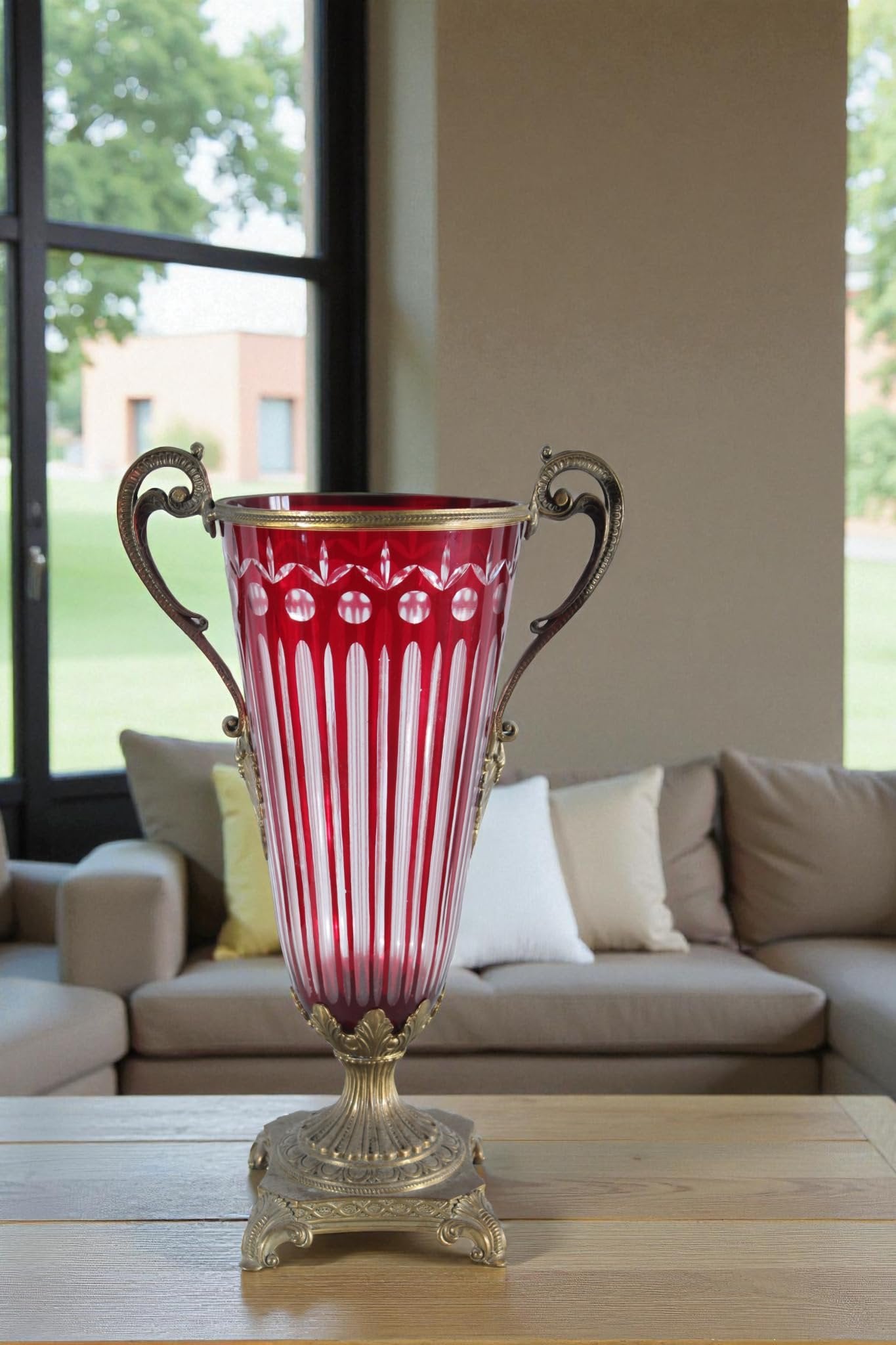 Glass vase with Metal Handles and Base red Vertical Style 13"x8"x21"H
