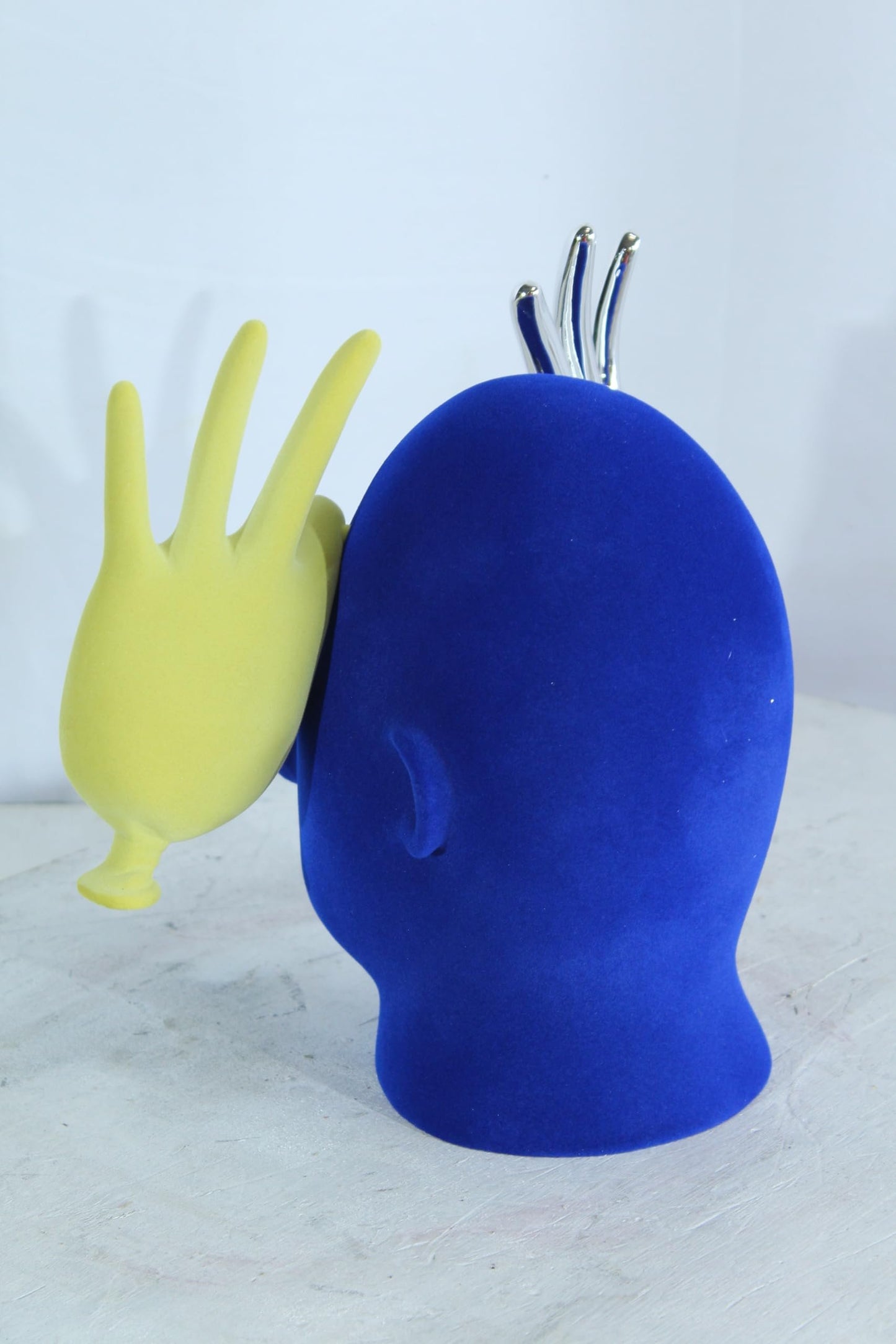 NIFAO Resin Blue Velvet Head Statue with Yellow and Silver Hand Design 12" x 8" x 12"H