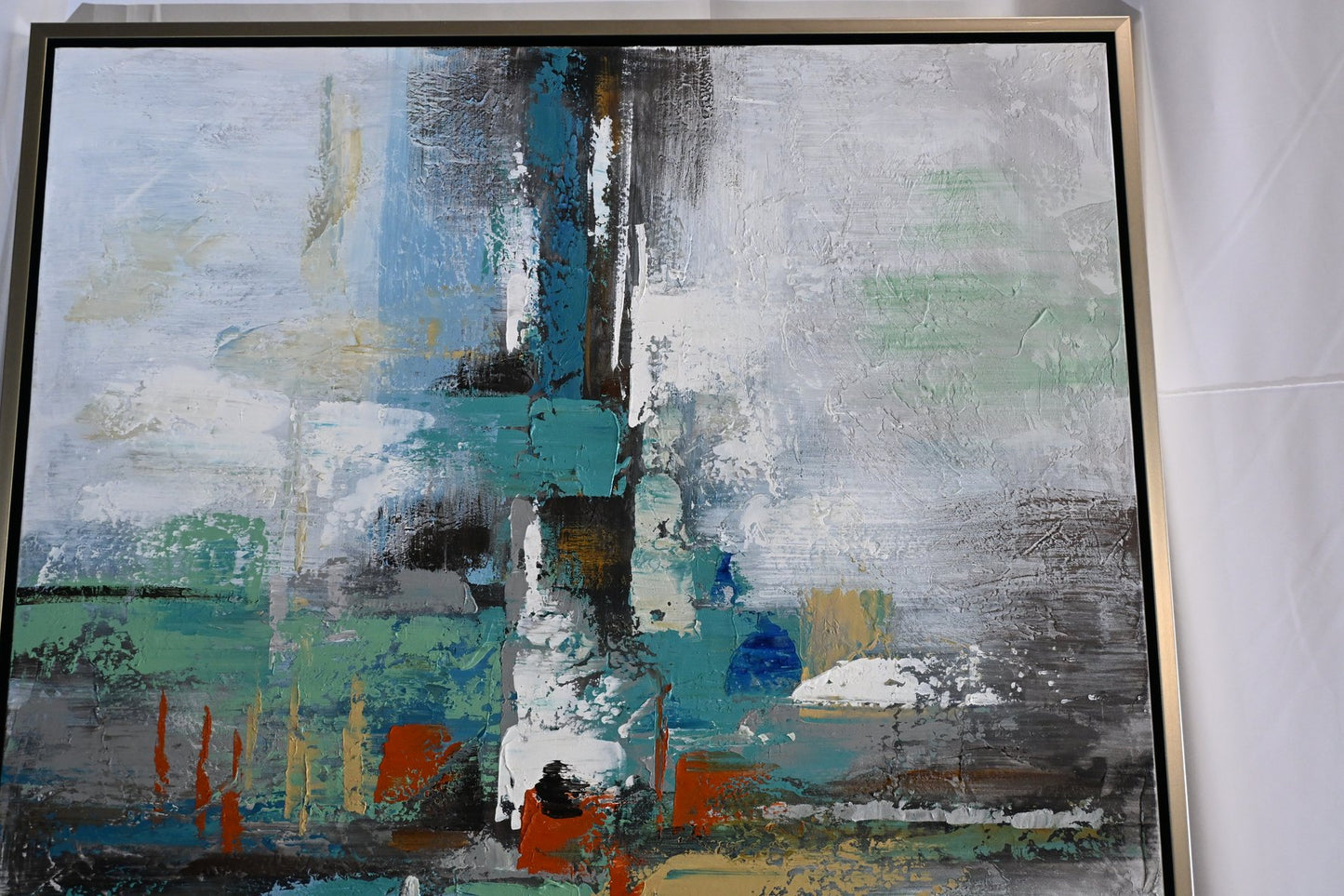 Mystery Abstract Canvas Painting Teal Gray Framed Art 41"x61"