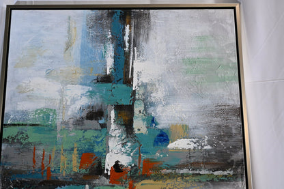 Mystery Abstract Canvas Painting Teal Gray Framed Art 41"x61"