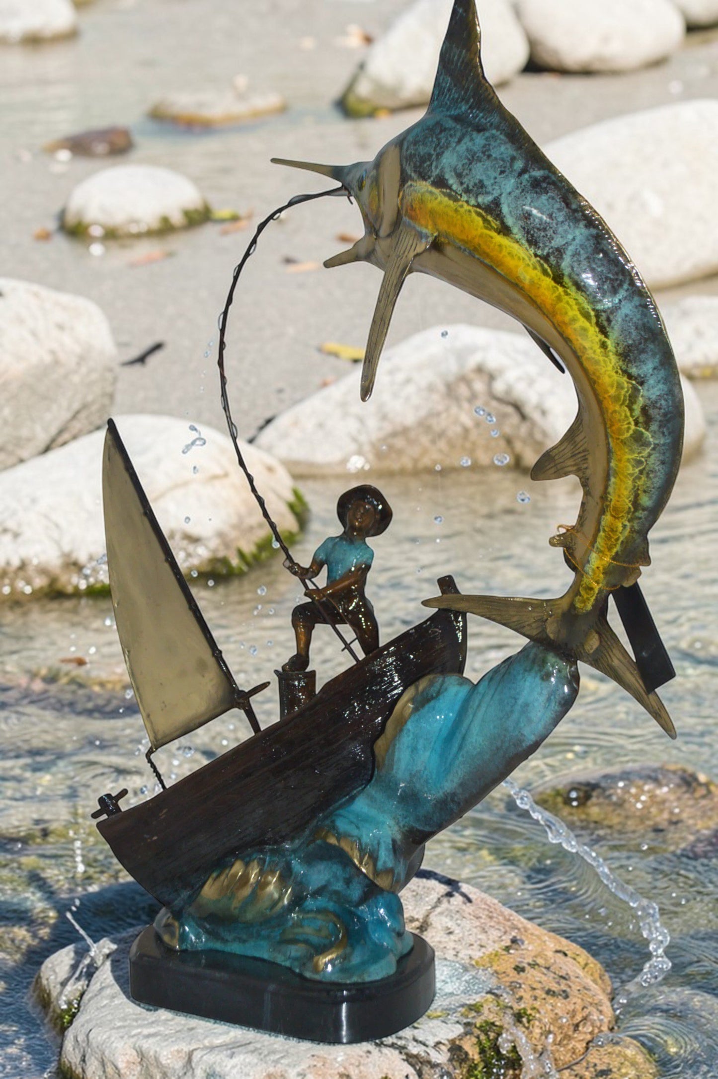 Old Man Fishing a Large Catch Bronze Statue -  Size: 27"L x 13"W x 30"H.