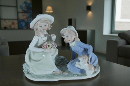 NIFAO Porcelain Figurine Two Girls with Puppy and Flowers 9"x4"x8"H