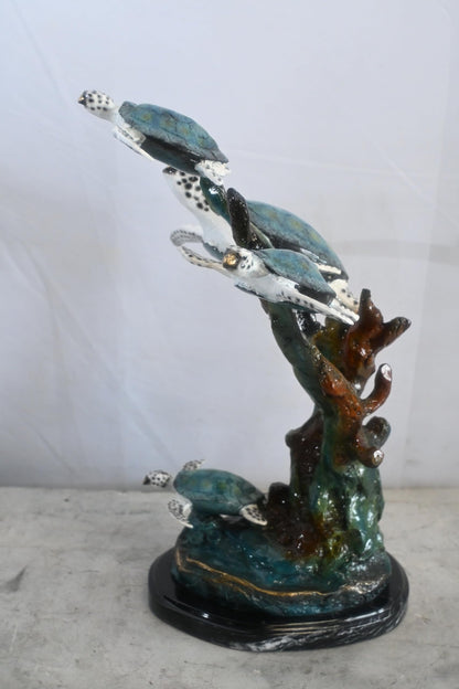 Four Sea Turtles Bronze Sculpture Coral Branch Scene 18"x11"x24"H