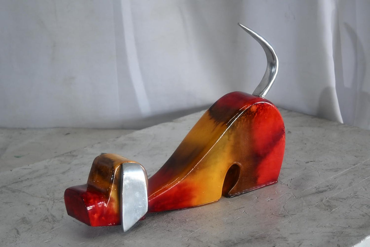 Stretching Dog Sculpture Painted Wood with Aluminum Ears 2"x14"x10"H