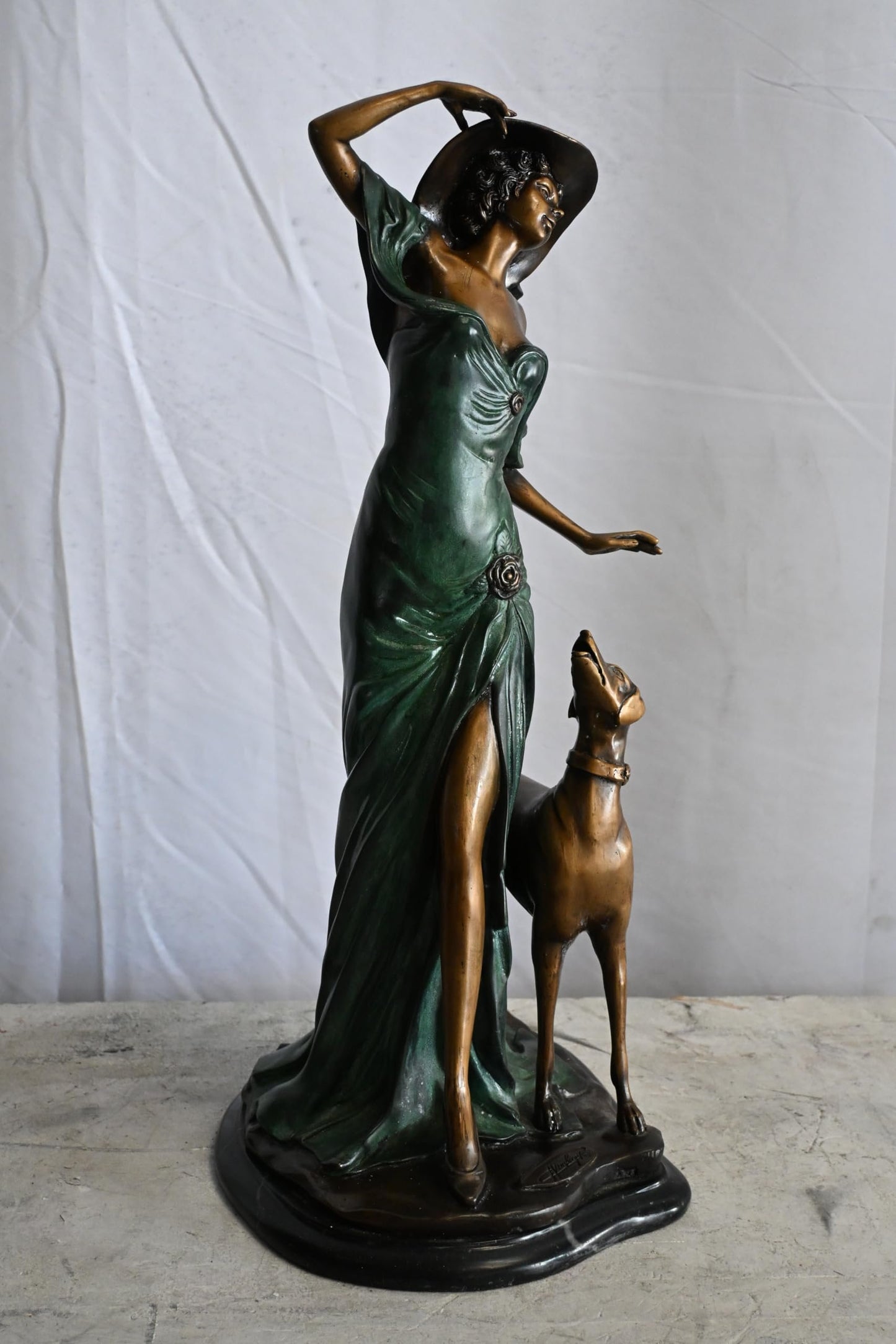 Art Deco Woman with Greyhound Bronze Statue Figurine 12"x10"x24"H