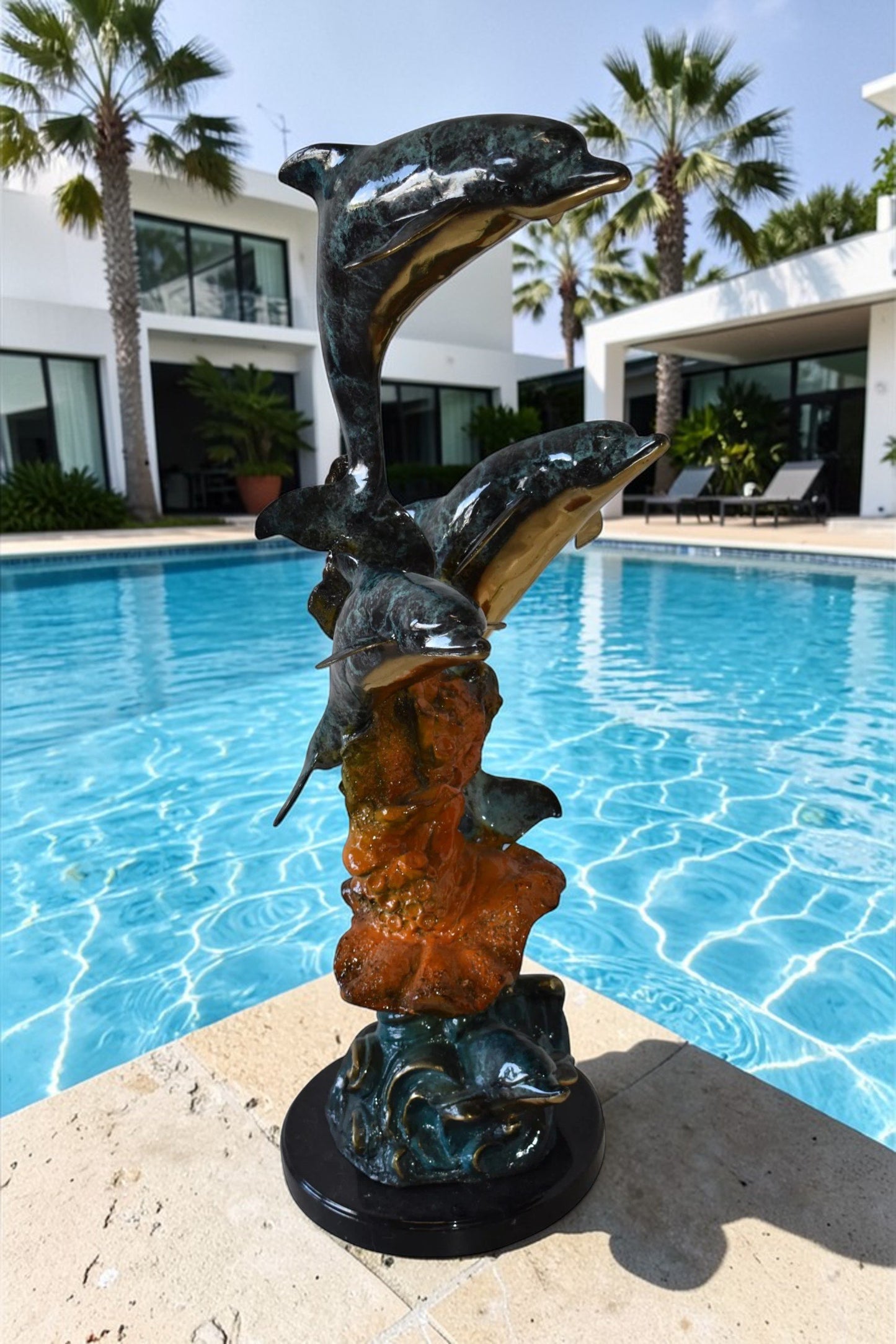 Three Large Dolphins on A Coral Bronze Statue Size: 20" x 18" x 41"H