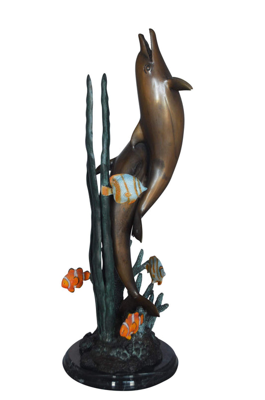 Two dolphins with fish, table top bronze statue. -  Size: 8"L x 8"W x 22"H.