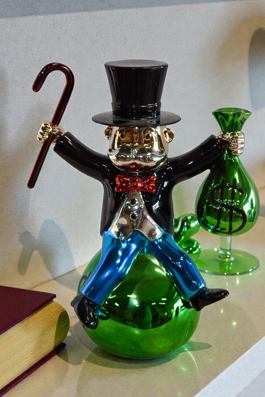 Joyous Monopoly Man Sitting on Money Bag Resin Statue 12" x 10" x 16"H