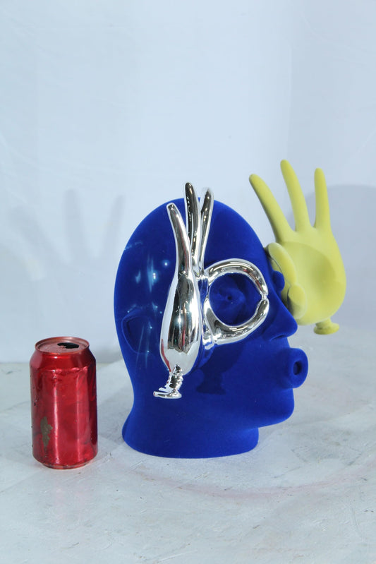 NIFAO Resin Blue Velvet Head Statue with Yellow and Silver Hand Design 12" x 8" x 12"H
