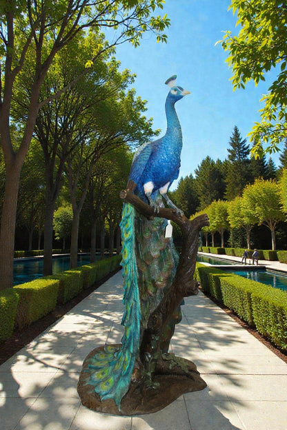 Peacock on Tree Bronze Statue -  Size: 31"L x 30"W x 64"H.