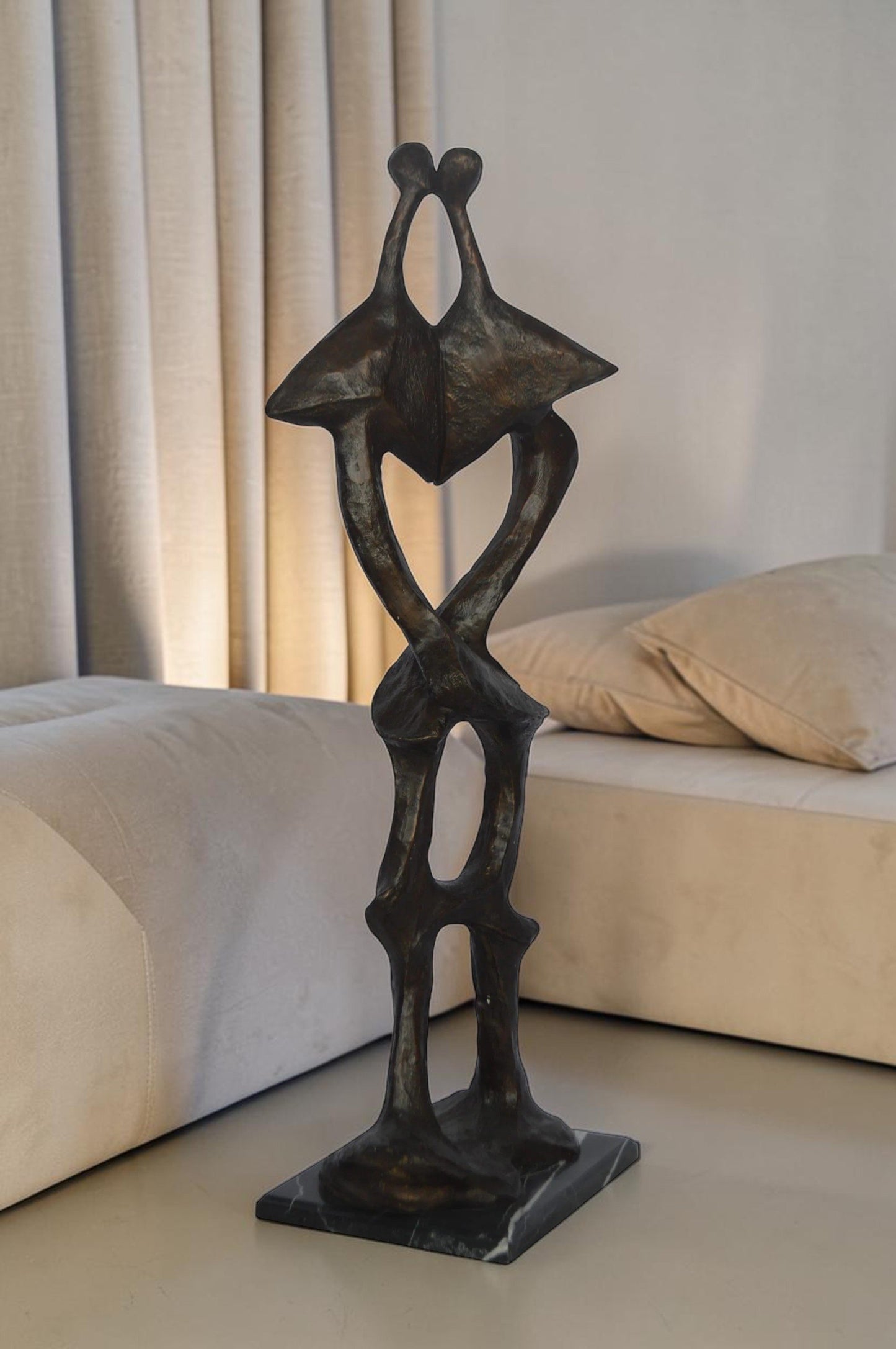 Modern art abstract, a couple kissing bronze statue - Size: 13"L x 11"W x 40"H.