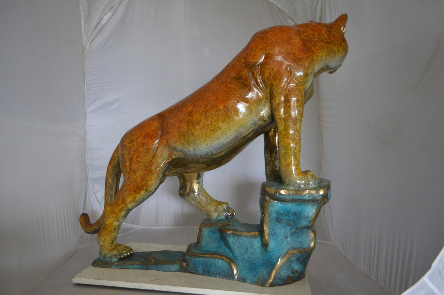 Bronze Mountain Lion Statue on Rock Ledge Large Cougar 55"x20"x40"H