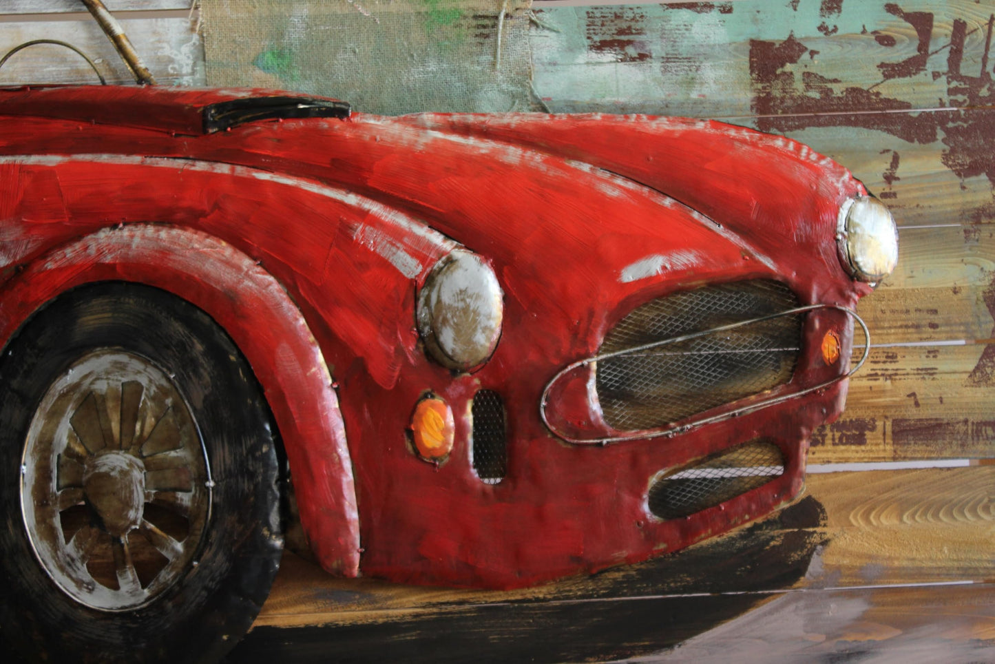 NIFAO Classic Roadster Inspired Red Car 3D Metal Art on Wood 79" x 2" x 40"H
