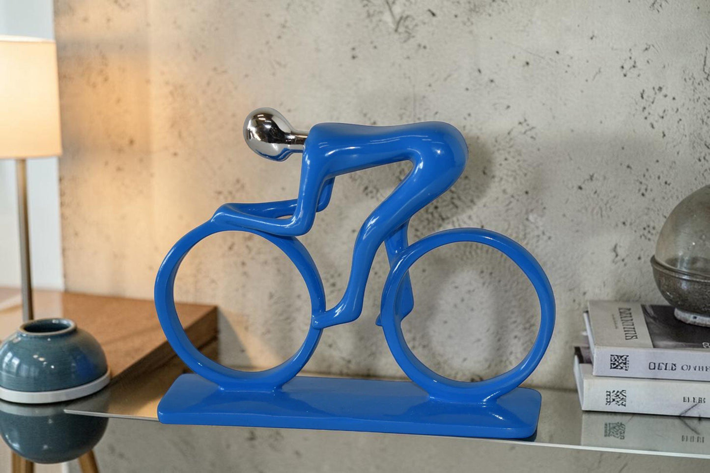 Modern Art Blue Chrome Rider on His Bicycle Resin Statue Size: 8" x 2" x 6"H