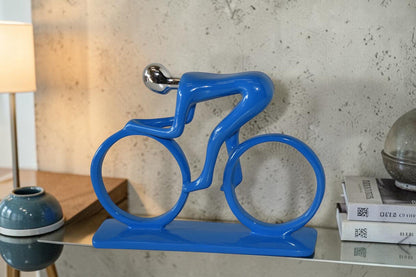 Modern Art Blue Chrome Rider on His Bicycle Resin Statue Size: 8" x 2" x 6"H
