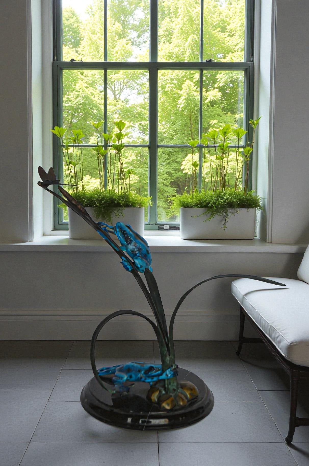 Two Blue Frogs catching a dragonfly Bronze Statue - Size: 14"L x 8"W x 12"H.