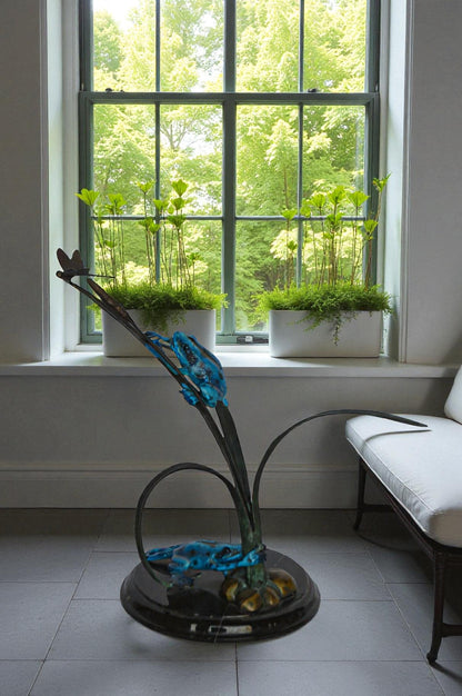 Two Blue Frogs catching a dragonfly Bronze Statue - Size: 14"L x 8"W x 12"H.