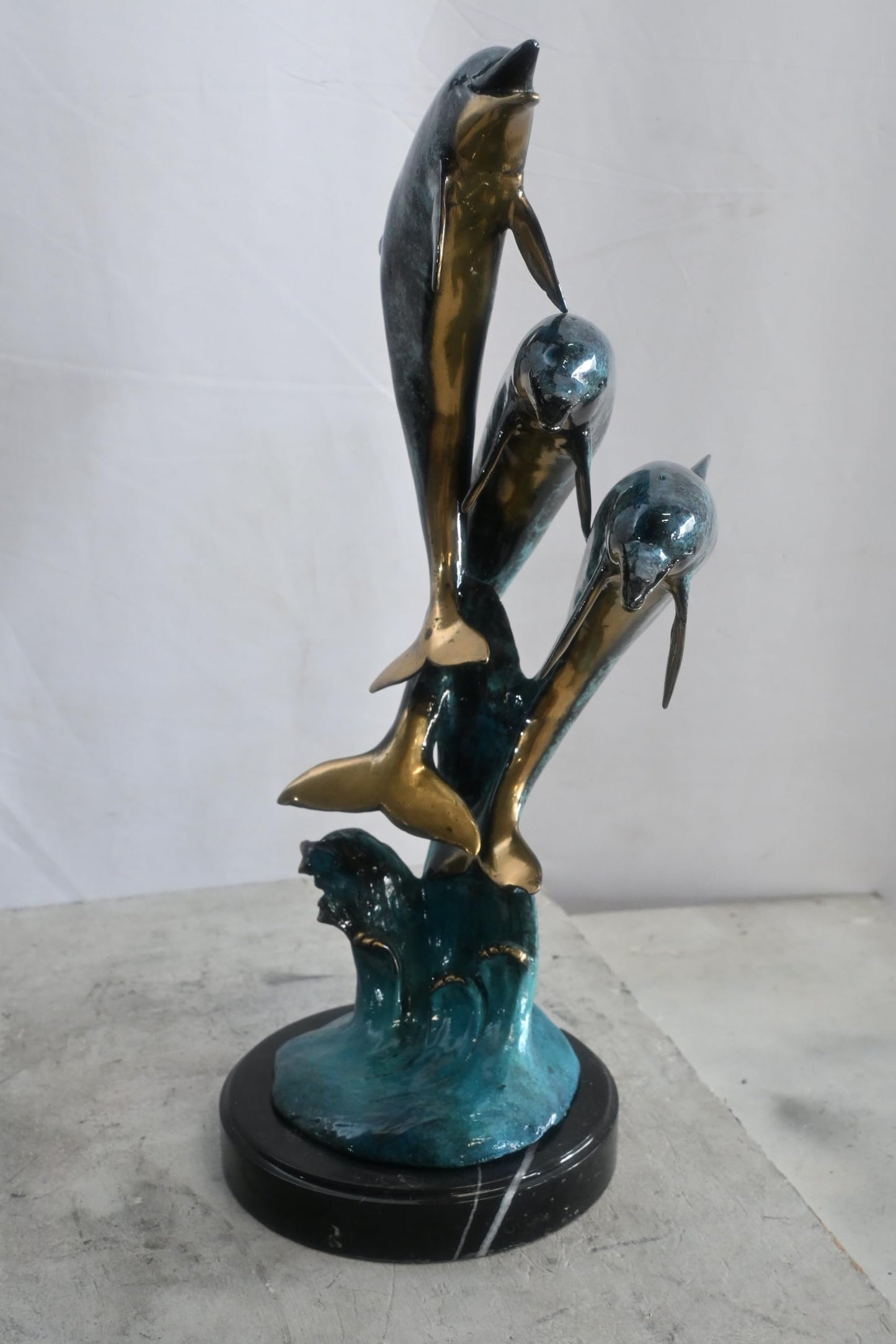 Bronze Dolphin Trio Sculpture Ocean Wave Statue 14"x11"x24"H