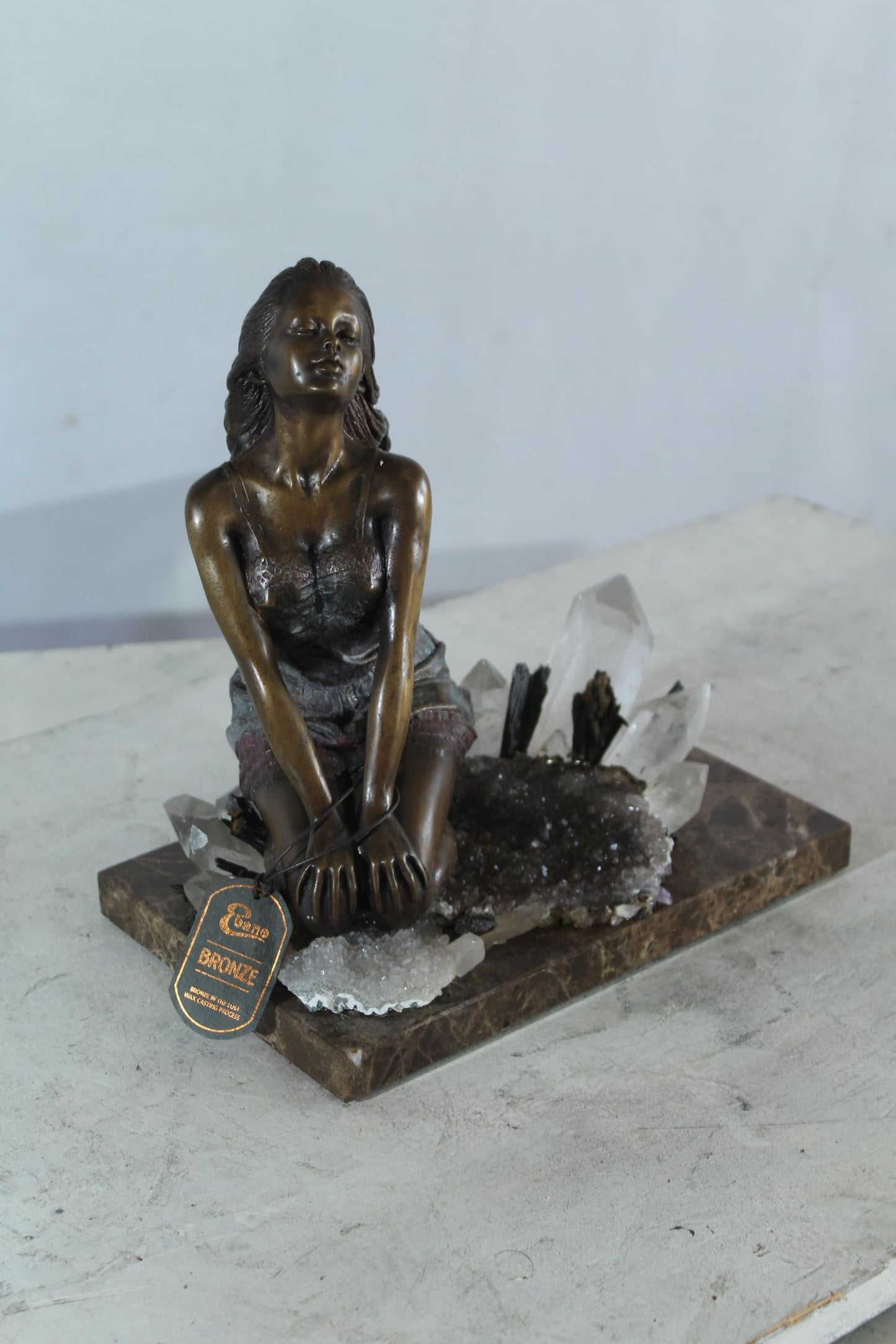 NIFAO Bronze Girl on Crystal Quartz and Marble Base by Vidal 10"x7"x11"H