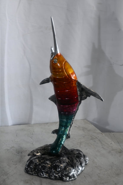 Leaping Swordfish Statue on Wave Base Aluminum Sea Decor 8"x10"x20"H