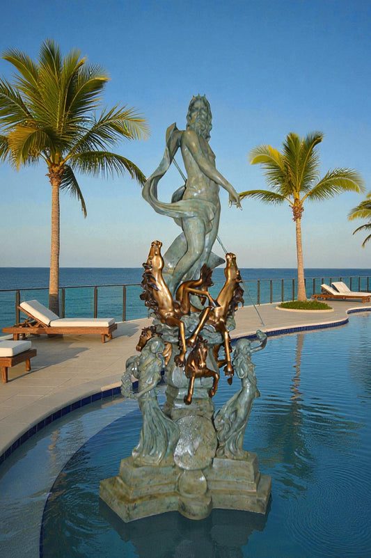 Neptune Fountain W six Horses Bronze Statue -  Size: 38"L x 38"W x 90"H.