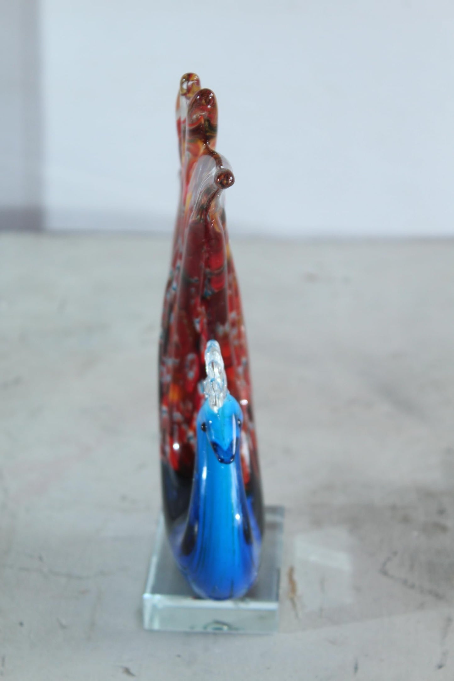 NIFAO Glass Peacock Figurine Hand Blown Art Glass on Clear Base 8" x 3" x 10"H