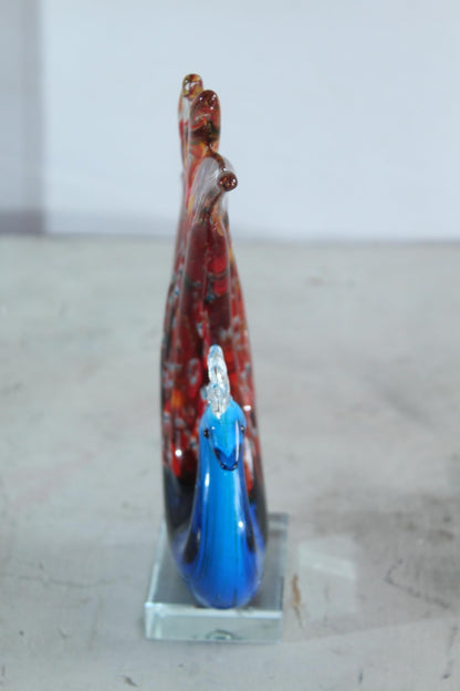 NIFAO Glass Peacock Figurine Hand Blown Art Glass on Clear Base 8" x 3" x 10"H