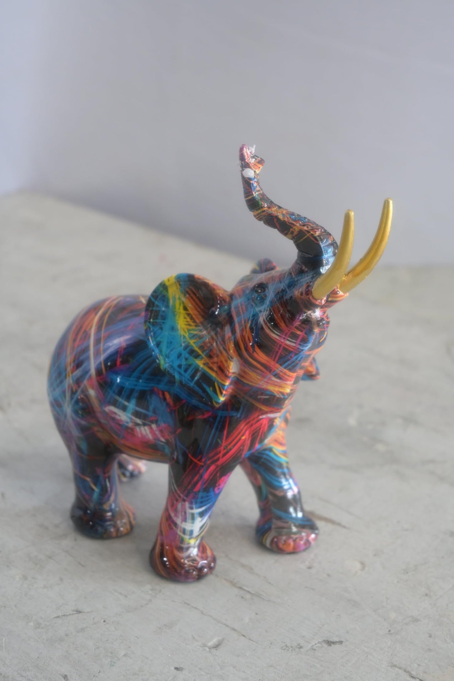 Resin Pop Art Splatter Paint Elephant Sculpture Gold Tusk 7"x3"x8"H