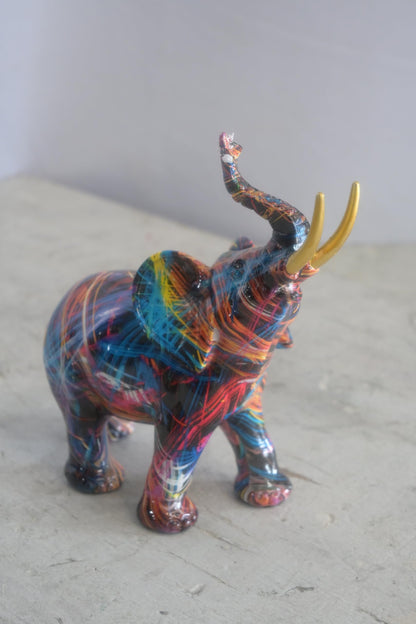 Resin Pop Art Splatter Paint Elephant Sculpture Gold Tusk 7"x3"x8"H