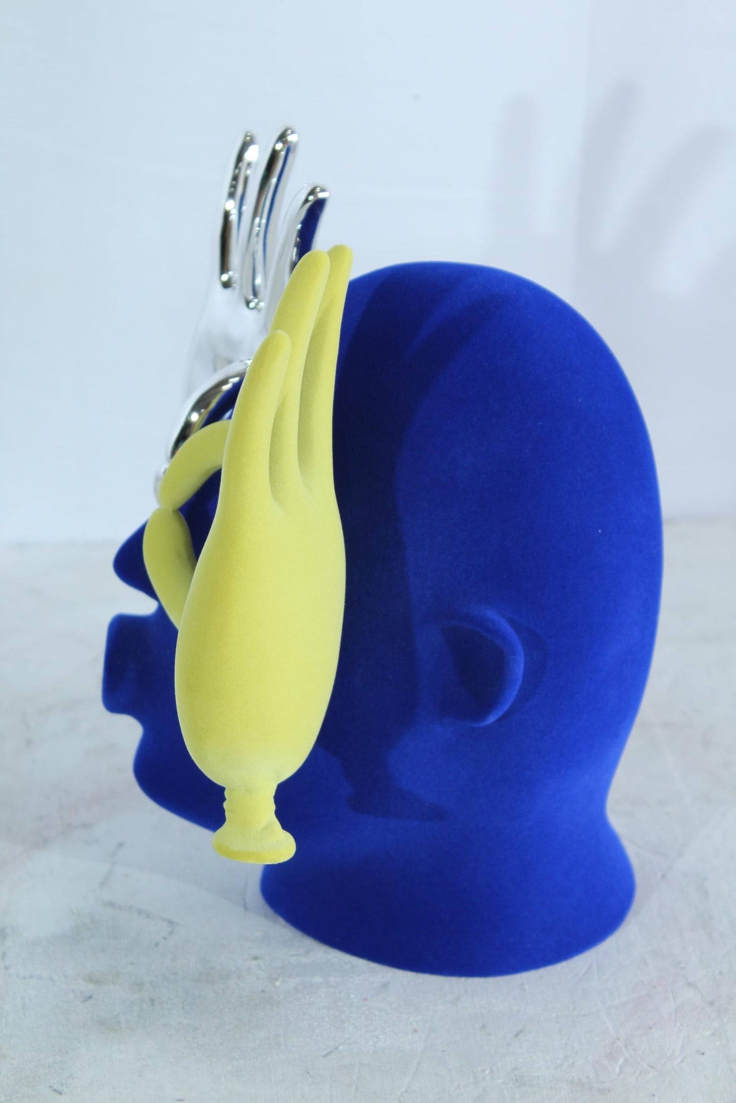 NIFAO Resin Blue Velvet Head Statue with Yellow and Silver Hand Design 12" x 8" x 12"H