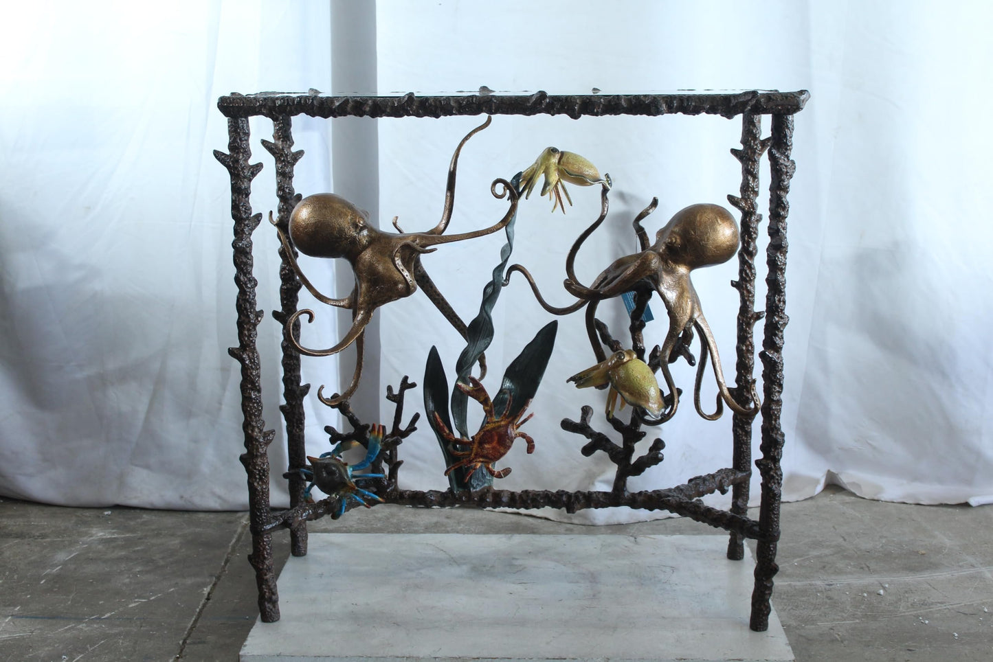 NIFAO Aluminum Octopus Console Table with Glass Top Coastal Art 34" x 15" x 33"H