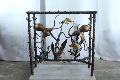 NIFAO Aluminum Octopus Console Table with Glass Top Coastal Art 34" x 15" x 33"H