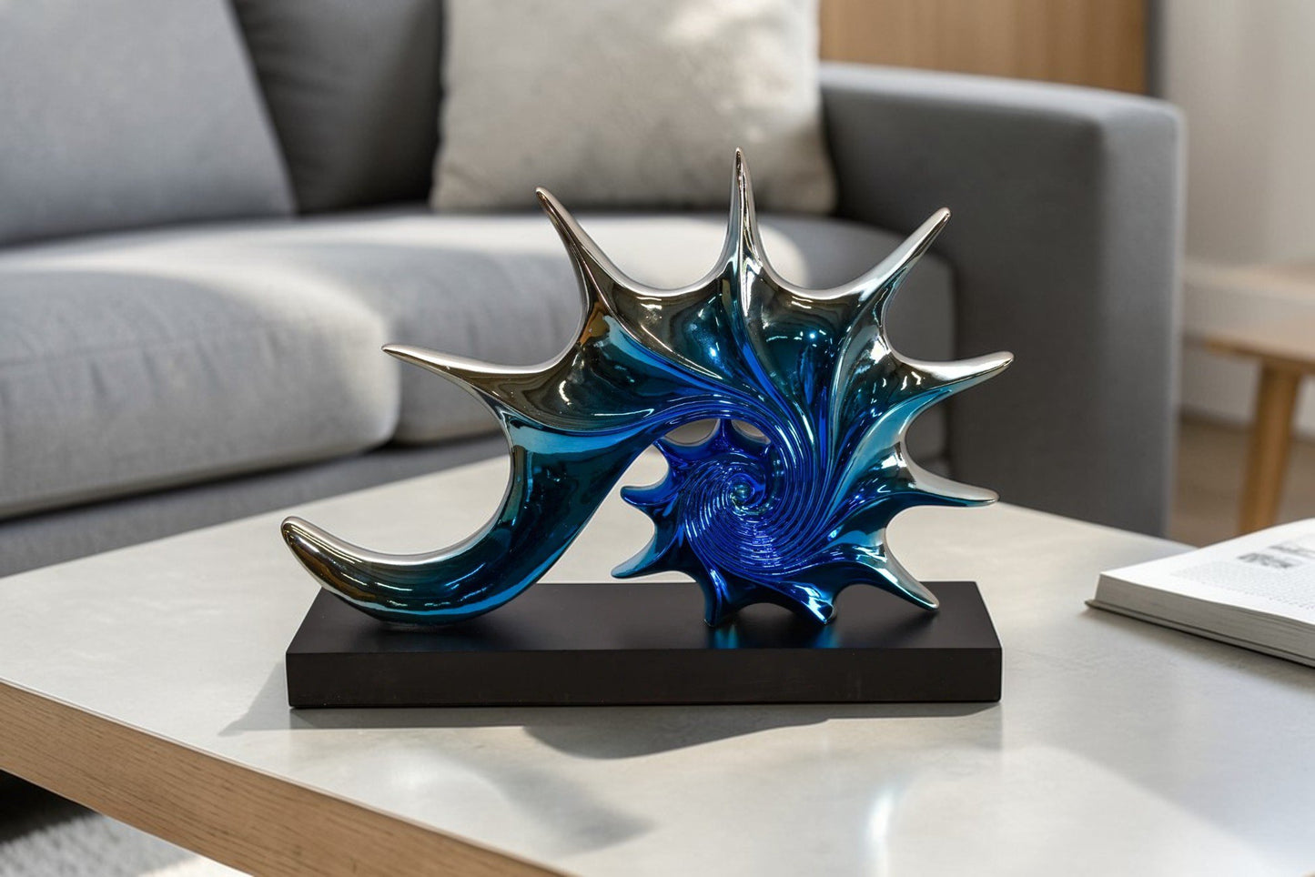 Modern Blue Chrome Sea Urchin Resin Statue on Black Base 17" x 4" x 12"H