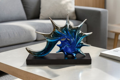 Modern Blue Chrome Sea Urchin Resin Statue on Black Base 17" x 4" x 12"H