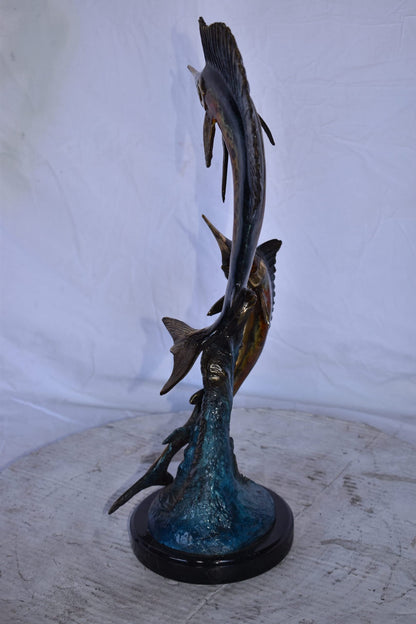 Two Swordfish Swimming in The Ocean Bronze Statue - Size: 11"L x 10"W x 22"H.