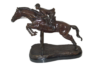 Jockey With Horse Jumping Over Hurdle Bronze Statue Medium  23"L x 10"W x 16"H.