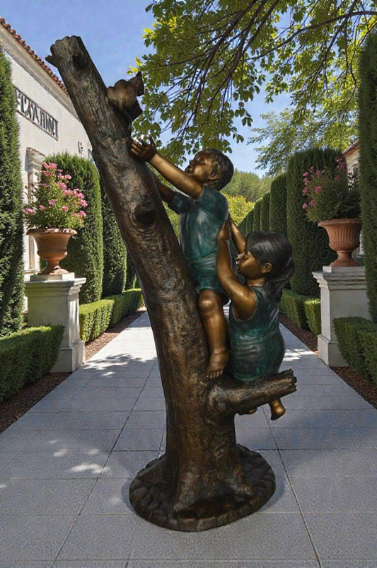 Children reaching up tree for a cat bronze statue -  Size: 24"L x 21"W x 64"H.