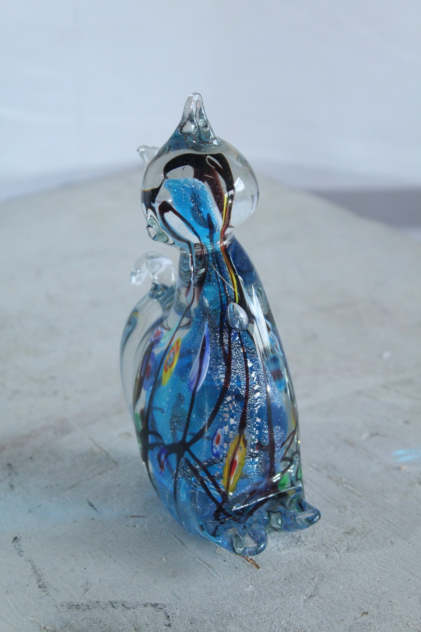 NIFAO Glass Cat Figurine Hand Blown Blue Millefiori Art Decor 5" x 3" x 7"H