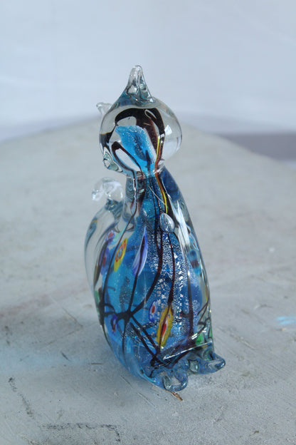 NIFAO Glass Cat Figurine Hand Blown Blue Millefiori Art Decor 5" x 3" x 7"H