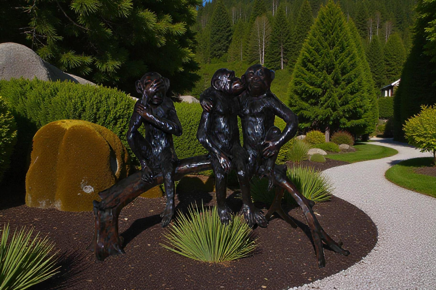 Three monkeys on a tree log - Bronze Statue -  Size: 27"L x 11"W x 18"H.