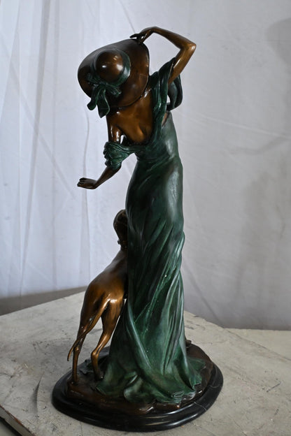 Art Deco Woman with Greyhound Bronze Statue Figurine 12"x10"x24"H
