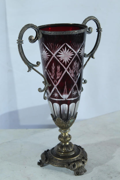 Ruby Red Cut Glass Trophy Vase with Metal Handles and Ornate Base 10"x6"x16"H
