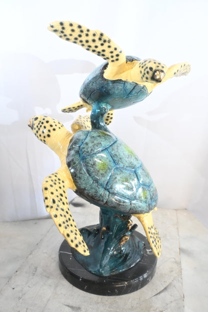 Two Sea Turtles Bronze Sculpture Vertical Swimming 23"x16"x28"H