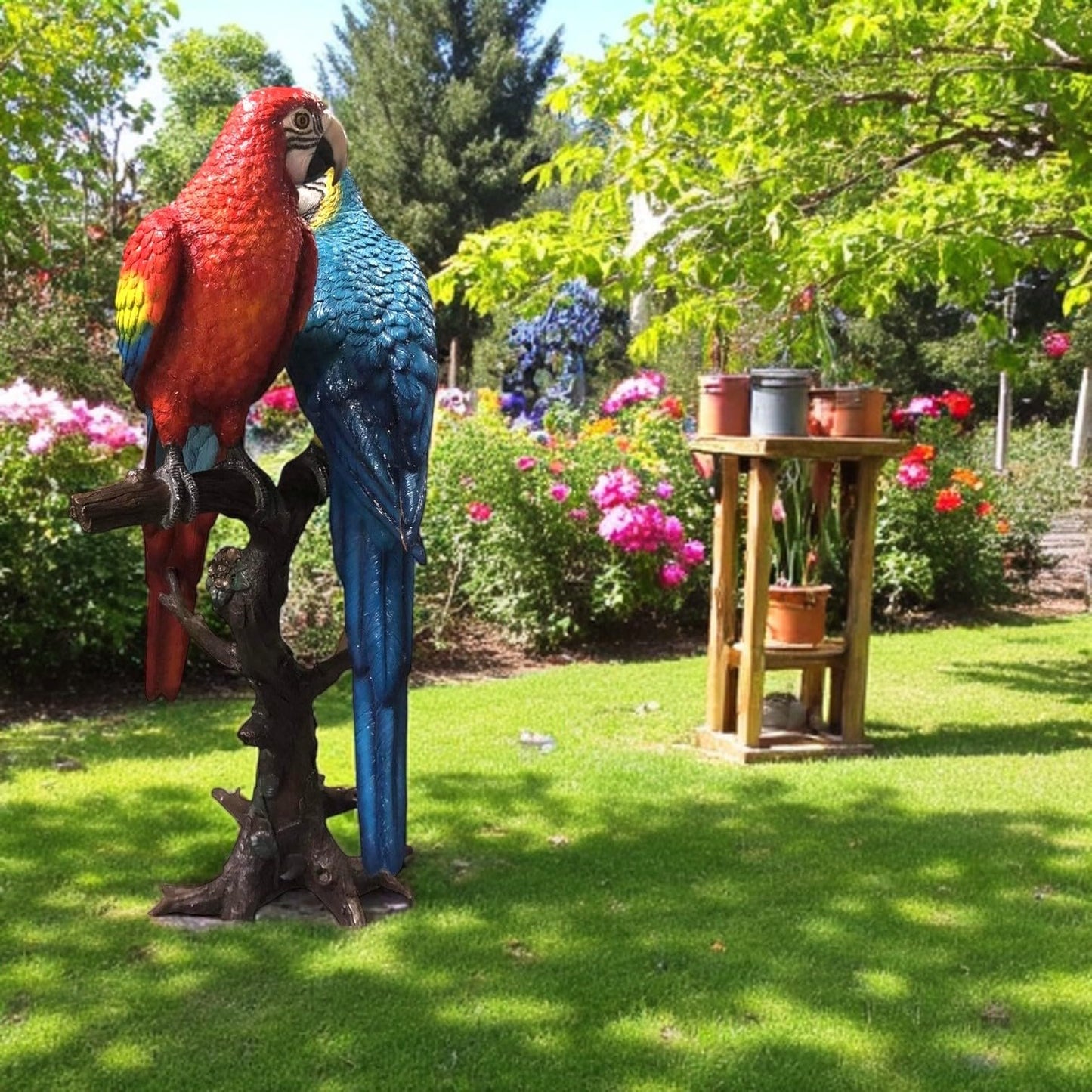 NIFAO Stunning Two Large Parrots on Tree Bronze Statue – Majestic and Colorful Sculpture with Tropical Charm for Home, Garden, Patios, or Entrances – 43" L x 28" W x 67" H