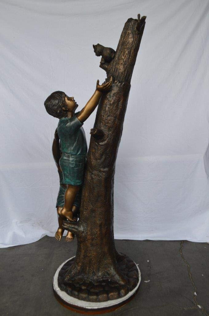 Children reaching up tree for a cat bronze statue -  Size: 24"L x 21"W x 64"H.